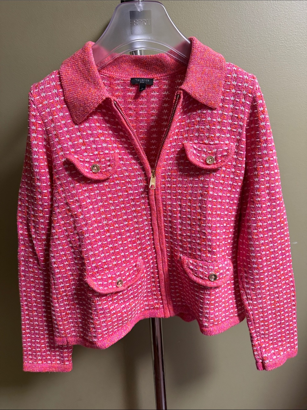 Talbots Hot Pink Tweed Zip Jacket with Gold Buttons